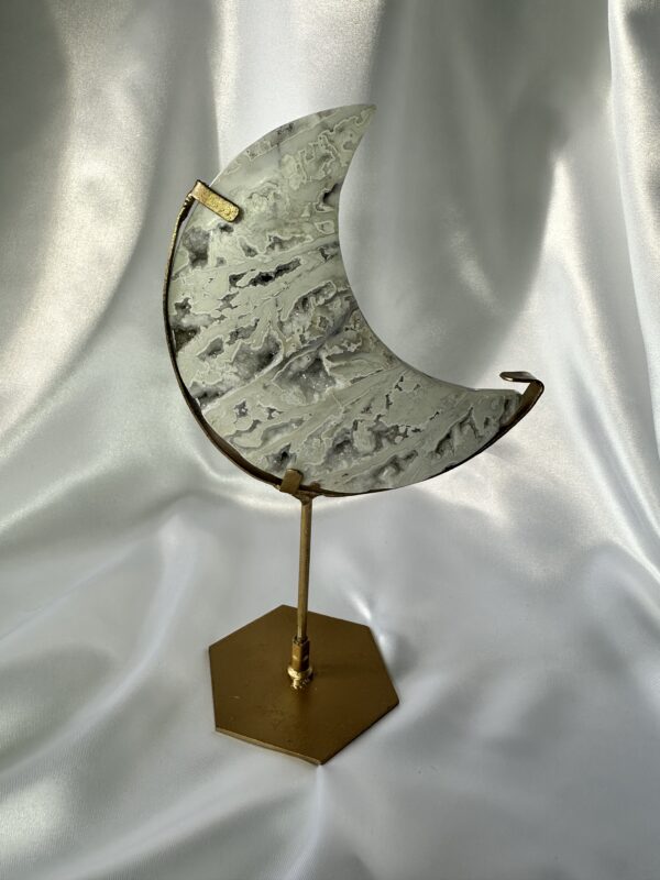 White Plume Agate Moon On Stand