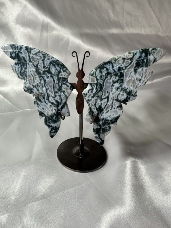 Moss Agate Butterfly Wings On Stand